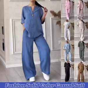 Fashionable Solid Color Cotton and Linen Casual Suit Long-sleeve Loose Top Wide Leg Pants Slimming Two-piece Plus Size M-4XL