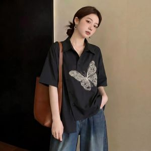SHIMANQING | Butterfly Embroidery Notch Collar Irregular Design Shirt