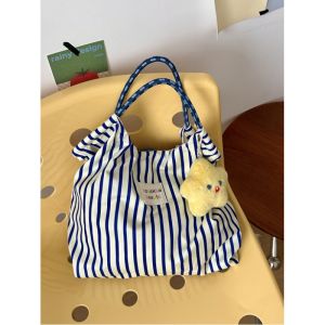 2025 New Spring Summer Large Capacity Commuter Womens Canvas Shoulder Handbag Korean Lazy Stripe Style Casual Tote Bag