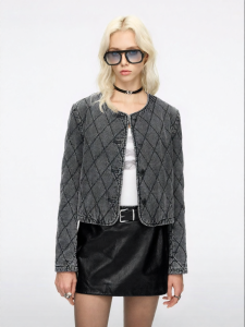 Quilted Denim Jacket Retro Wash Ripped