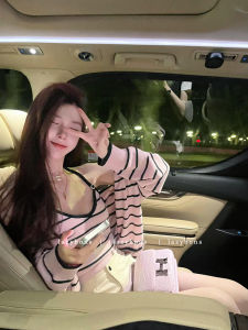 Chic Striped Knitwear Set Womens Swing Name Lady High-End Feelings Strap Vest Two-Piece Set Autumn Long Sleeve Button round Neck