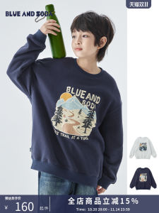 Blue Soda 25th Anniversary Autumn Winter New Parent-Child Pure Color round Neck Sweatshirt American Style Mountain Print Top for Boys