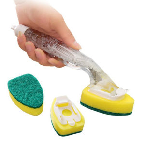 Replaceable Sponge Cleaning Brush with Refill Liquid Long Handle Scouring Pad Sponge Brush Dish Scrubber Home Kitchen Tool