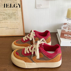 IELGY รองเท้าผ้าใบสีแดงย้อนยุคสำหรับผู้หญิงรองเท้าผ้าใบผูกเชือกอเนกประสงค์ดีไซน์เฉพาะกลุ่ม