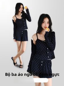 MiiOW | Bộ đồ ngủ lụa băng mùa hè cho nữ MiiOW Thiết kế đơn giản Bộ ba mảnh Áo không dây Quần đùi Có đệm ngực Vải polyester thoáng khí