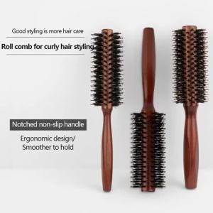 Wood Handle Round Rolling Brush Straight Twill Hair Comb Boar Bristle Round Barrel Hair Curling Brush Hairdressing Styling Tool