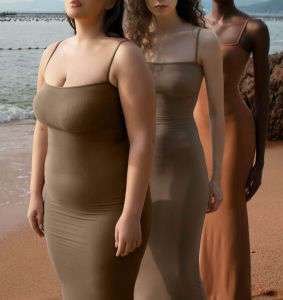 ชุดเดรสยาวคลุมเข่าทรงเอคอวีแขนกุดสีพื้นคอตตอนผสมสแปนเด็กซ์ทรงเข้ารูปเซ็กซี่สำหรับงานวันเกิด