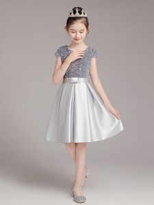เด็กผู้หญิงสีเทาเงาการแสดงเปียโน เดรส แขนสั้นเครื่องแต่งกาย Fairy Princess กระโปรง เด็กไวโอลินแสดง Sparkle ชุด