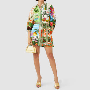 Floral Print Kimono Shirt Dress Elegant Vacation Style Polyester Fabric Printed Skirt Single Piece Spring 2025 Collection