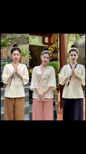 Hoa Đào - Pháp phục Bộ Lam đi chùa vạt chéo thêu Đào vải đũi thái cao cấptay lỡ phối viền tinh tế- Pháp Phục Linh Sơn