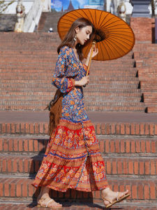 Bohemian Long Dress Beach Vacation Beachscape Ethnic Style Photography Summer A-Line Midi Dress Floral Print Elastic Waist