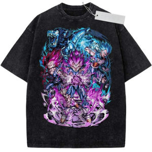 Bandai | Vintage Washed Black T-Shirt Dragon Ball Anime Super Saiyan Goku Print Oversized Streetwear for Casual Daily Wear and Campus