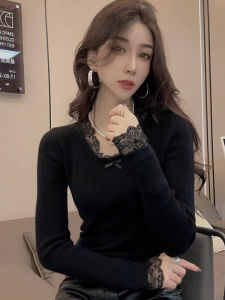 French Lace Splice Knitted Sweater Womens Winter Slim Fit Long Sleeve V-Neck Base Shirt Top Fashionable Elegant Style