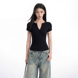 BAIDAIFEI | Áo Thun Hanes Henley Đen Cổ V Ôm Sát Ngắn Tay