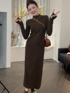 French Style Long Sleeve One Piece Dress Womens Slimming Elegant Neckline High Waist Autumn Fashionable Casual Sundress