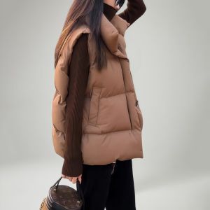 Womens Puffer Jacket Vest Thick Warm Cotton Outerwear Loose Fit Versatile plus Size Trendy Zipper Closure Solid Color