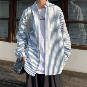 Dark Blue Stripes Shirt Mens Japanese-Style Retro Loose Early Spring Outwear Fancy Teenagers Handsome Long Sleeves Shirt