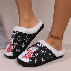 AAAChristmas Fashion Winter Christmas Snowman Slippers Flats Comfortable Fluffy Non-slip Warm Plush Zapatos De Mujer Slides Cute