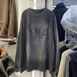 Large Size Womens Vintage American Washed Long Sleeve T-Shirt Rhinestone Base Shirt Top for Early Autumn Commute Casual