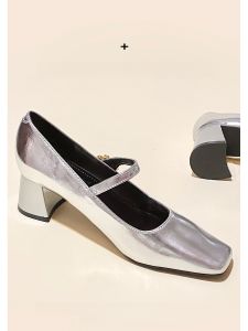 รองเท้าส้นเตี้ย Mary Janes สีเงิน ทรงหัวเหลี่ยม สำหรับผู้หญิง ฤดูใบไม้ร่วง/ฤดูหนาว รองเท้าส้นเตี้ยหัวเหลี่ยมทรงหัวเหลี่ยมส้นกลางระดับกลาง หัวเข็มขัด หัวเข็มขัดสีทอง