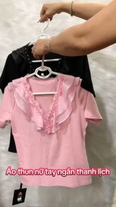 Áo thun nữ tay ngắn cổ bèo đính hạt thanh lịch