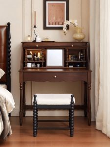 Retro American Style Wooden Makeup Desk Integrated Storage Dressing Table Small Bedroom Mid-Century Modern Design Nightstand
