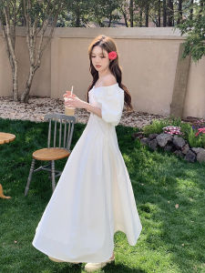 Elegant White French Style Long Dress Womens Summer New High Waist Slimming Bubble Sleeve Dress A-Line Silhouette V-Neck