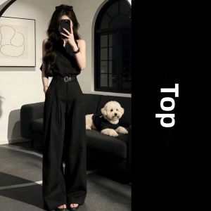 PEIZIXUAN | Trendy Sleek Black Sleeveless Shirt and Pants Set For Women