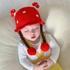 Princess Style Baby Girls Autumn Winter Cotton Hat with Braid Fake Hair Warm Inner Lining Red Color for 0-6 Months Babies