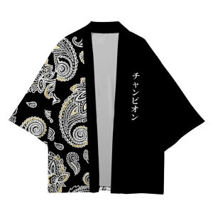 Men Casual Kimonos Japanese Style Letter Print Haori Yukata Cardigan Summer Women Harajuku Loose Fit Open Front Shirts
