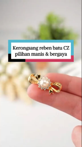 KERONGSANG TUDUNG Ribbon Saduran Emas 24K Permata Putih Mutiara Putih Zhulian