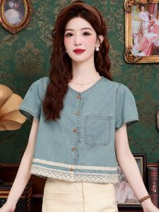 Retro Lace Splice Denim Shirt Women Summer New Style Loose Short Korean Version Button round Neck Pure Color Top