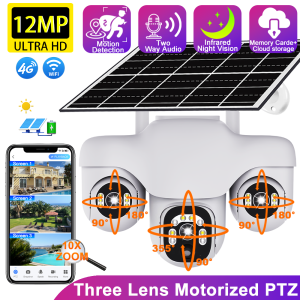 Solar Camera WiFi Outdoor Waterproof Triple Lens 4K Security Camera With Solar Panel Battery Powered Wireless 360 PTZ Monitor