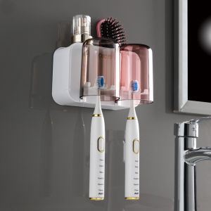 New Trendy Set Multifunctional Toothbrush Rack And Mug Holder Wall Mounted Toothpaste Mouthwash Storage With Toothpaste Squeezer