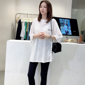 Widelia Summer Thin Short Sleeve T-Shirt Womens Loose Casual Anti-aging Side Slit Letter Print Commute Style round Neck Top