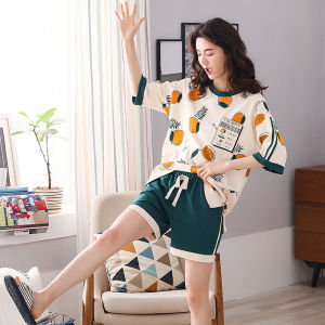 Yu Zhaolin Womens Summer Sleepwear Cotton Short Sleeve Thin Seven-Piece Pants Home Clothes Set Sweet Style Printed Casual Home Scene