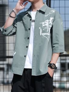 ROMON | Romon Mens Summer Thin Cotton Casual Shirt Short Sleeve Loose Fit Denim Jacket Fashionable Urban Style Seven-Five Sleeve Shirt