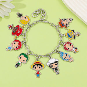 Bandai | One Piece Anime Charm Bracelet Silver Color Adjustable Chain Cute Straw Hat Crew Character Enamel Dangle Wrist Jewelry Gift