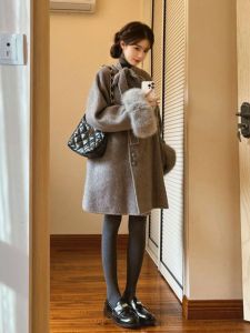 CHANGTONG | Áo Khoác Lông Cừu Hai Mặt Phong Cách Hàn Quốc Dáng Hepburn Tay Nơ Trung Bình-Dài