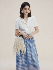 FAMANXUAN | French Navy Collar Short Sleeve Blouse for Summer Petite Office Wear