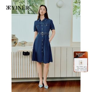 Fashion Retro Turn-Down Collar Cotton Feeling Belted Denim Dress