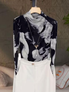 Elegant Mesh Base Shirt Womens Spring Autumn Slimming Fashionable Printed Top Half High Collar Korean Style Floral Pattern
