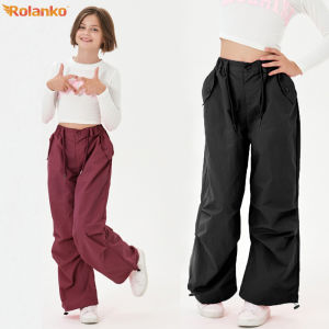 Rolanko Girls Cargo Pants Wide Leg Corduroy Pants High Waist Trousers Vintage Kids Fall Pants Streetwear Casual 6-14 Years