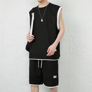 ROMON | Romon Mens Summer Thin Ice Silk Sportswear Set Sleeveless T-Shirt And Backless Vest Casual Two-Piece Short Pants Polyester Fiber