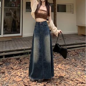 S-6XL กระโปรงยาวทรงเอสำหรับผู้หญิง กางเกงขายาวเอวสูง กางเกงยีนส์สีน้ำเงิน ดีไซน์ย้อนยุค