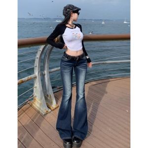 Quần Jeans Nữ Cạp Cao Dáng Ôm Phong Cách Y2K Quần Denim Retro Xu Hướng Quần Ống Loe Dáng Bootcut Cạp Thấp Mùa Thu