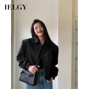 IELGY แจ็คเก็ตทรงหลวมสีดำผู้หญิงย้อนยุคฤดูใบไม้ร่วงฤดูหนาวซิปแจ็คเก็ต