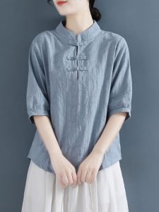 Elegant Chinese Style Womens Linen Shirt Button up Sleeveless Top Mom Summer Fashion Casual Chic Plain Color Commute Wear