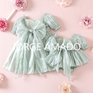 Toddler Girls Sister Matching Outfits Summer Short Sleeves Square Collar Bodysuit Bow Party Dress Twins Daughter Clothes H1518