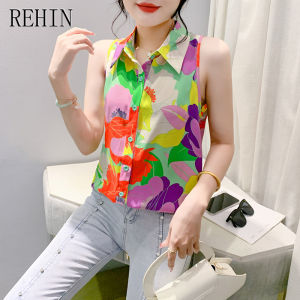 Rehin thời trang mới mùa hè in Áo sơ mi sát nách đa năng mỏng in hoa thanh lịch của phụ nữ Tops